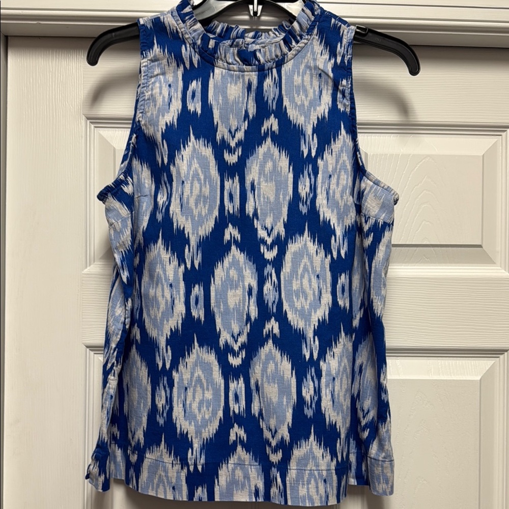 Crown & Ivy Blue and White Sleeveless Tank Top with Mandarin Collar